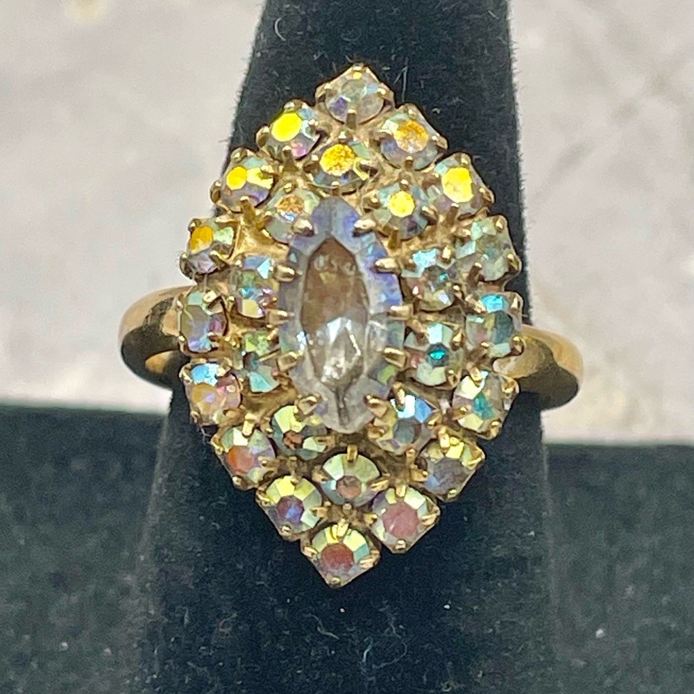 Vintage Elegant Gold Tone and Iridescent AB Stone Marquise Ring Size 5 1/2